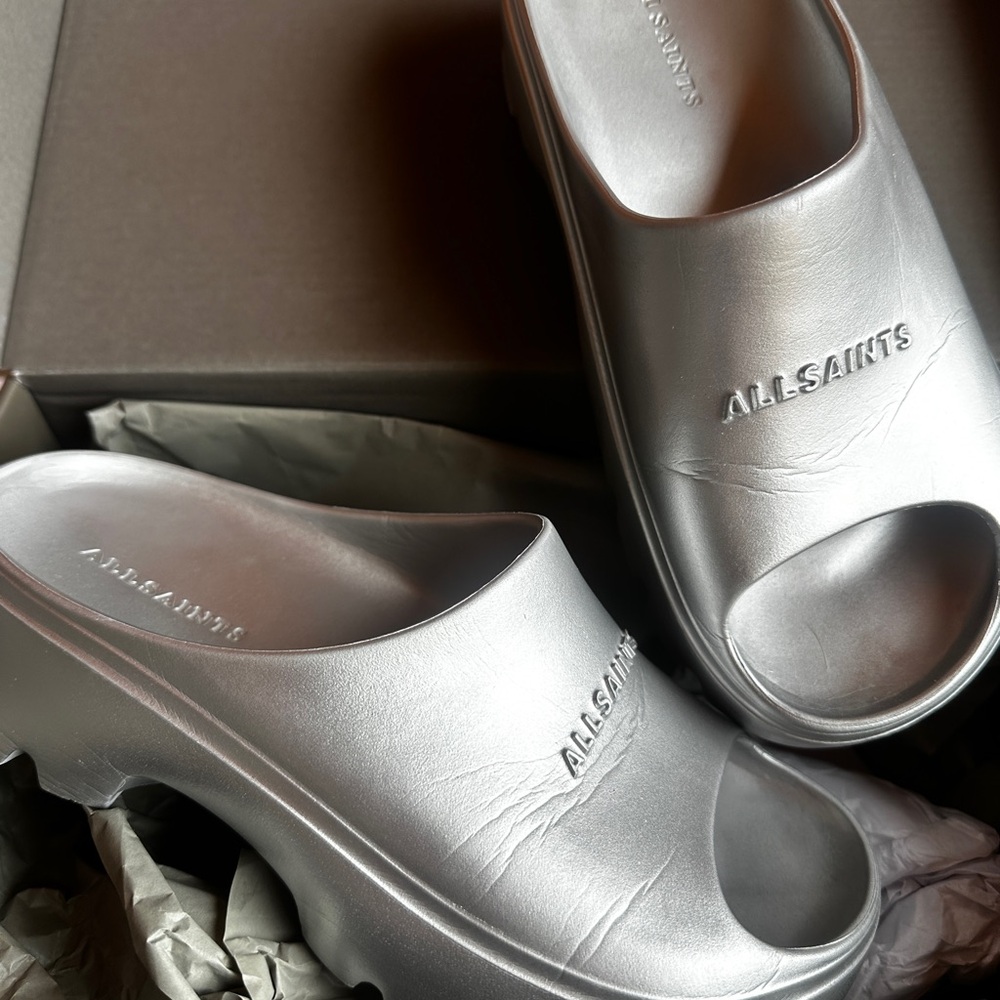 AllSaints Silver Slide Sandals Size 7